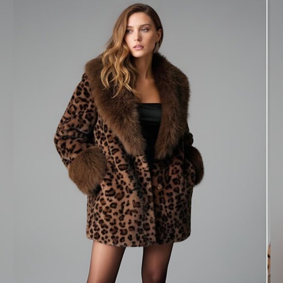 Leopard Pattern Faux Fur Belted Coat Brown - Picture 5 of 11